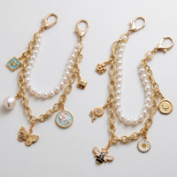 Bijoux fantaisie, chaîne en or, porte-clés en perles, accessoires avec breloques remplaçables en forme de papillon et de fleur, breloque pour sac pour femmes