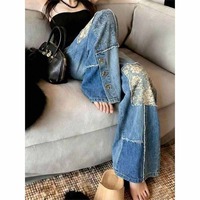 Nouveau Pantalon Large en Jean de Coton Désstructuré avec Patchwork, Broderie Florale Chic à la Française, Bleu, pour Femme - Collection Été 2026 (Vente en Gros)