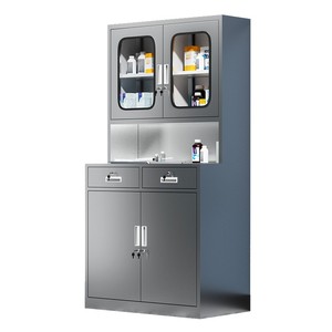 Mesa Central de Acero Inoxidable 304 con Puertas de Vidrio y Cajones para Uso Médico en Clínicas - Product Image 1