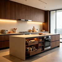Cuisine moderne HNSJ personnalisée, modulaire, grande capacité, écologique, avec îlot intégré, éclairage LED intégré, plan de travail en contreplaqué