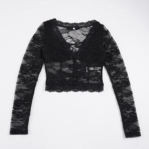 Cardigan léger à col en V profond et boutonnage frontal, haut en dentelle style américain, sexy, transparent, coupe ajustée, manches longues, pour femme - Product Image 6
