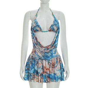 Women 2 Piece Summer Outfits Sey Print Sleeveless Lace up Crop Tops Ruffle Mini Skirt <b>Set</b> - Product Image 5