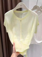 Camiseta de punto calado de manga corta para mujer con cuello redondo y abertura frontal, top ligero y transpirable, jersey corto