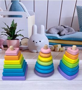 Pirámide Montessori madera natural eco juguete geométrico apilamiento formas de juguete anillos de apilamiento de madera pirámide arco iris para niños pequeños - Product Image 4