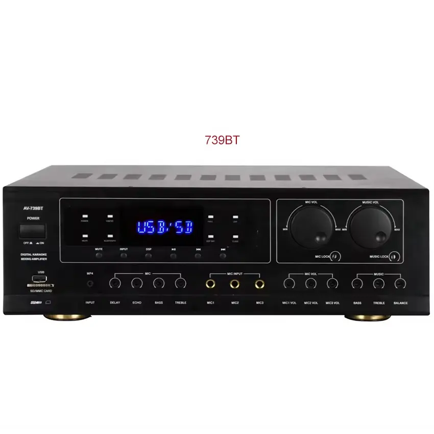 AV-739BT amplificador de potência de som estéreo digital de 4 canais para karaokê, amplificador de som múltiplo BT/USB/SD/MMC/MP4/DVD/AUX multi-áudio