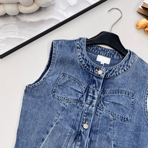 Women Blue Sleeveless <b>Denim</b> <b>Vest</b> with Button Front Casual Washed Jean <b>Jacket</b> for Daily Wear - Product Image 3