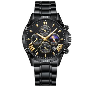 Montre multifonction pour homme, chronographe noir, phase de lune, acier inoxydable - Product Image 1