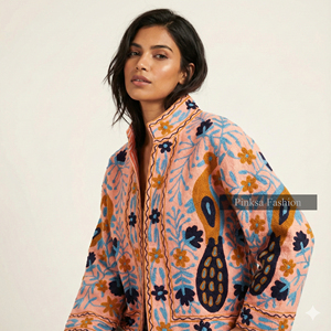 Chaqueta Suzani de Terciopelo Hecha a Mano de Pinksa Fashion |   Abrigo de Invierno Bohemio para Mujer |   Funda de Algodón Ecológica Bordada a Mano Estilo Indio - Product Image 2