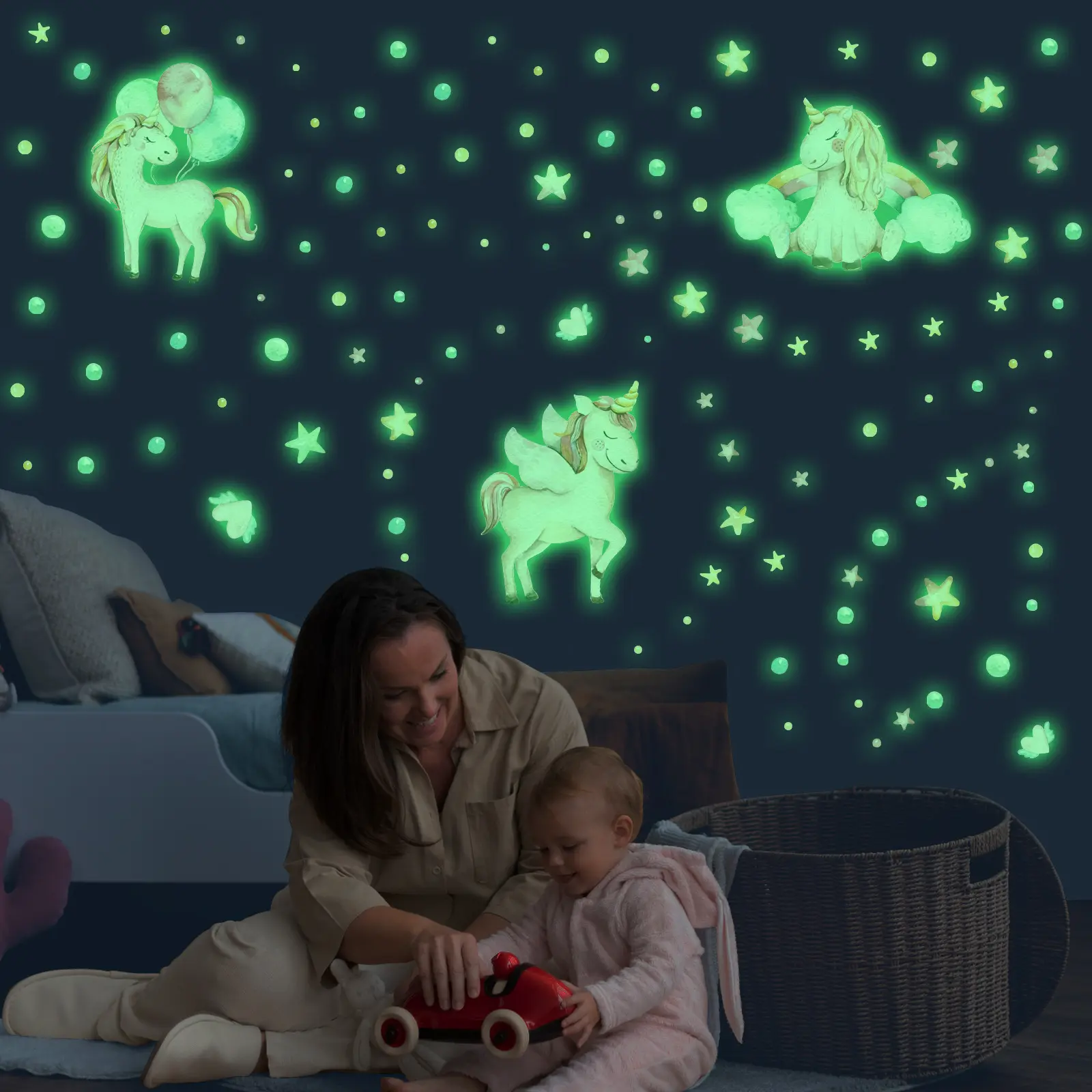 luminous unicorn kindergarten background wall decal peel and stick art wall sticker for kids play room and nursery decoration
