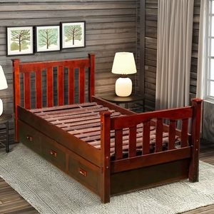 TACASA Lit simple en bois de hêtre brun café avec 3 tiroirs en bois massif Design traditionnel peu encombrant et rangement - Product Image 1