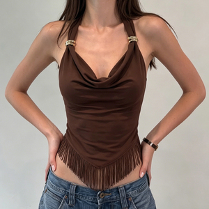 Streetwear Vintage Halter Neck Cowl Neck Tank <b>Top</b> Metal Ring Tassel <b>Patchwork</b> Slim Fit Sexy Spicy Girl Vest - Product Image 3