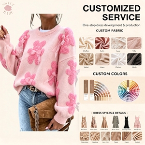 Tendance du moment : Pull décontracté à col rond et manches longues pour femme, coupe ample et oversize, motif floral 3D avec nœud décoratif, idéal pour le quotidien - Product Image 1