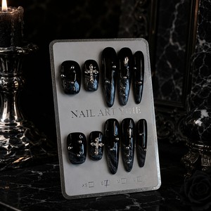 Faux ongles à presser en marbre noir avec strass en croix, couvrance totale, amovibles, pour femmes - Product Image 2
