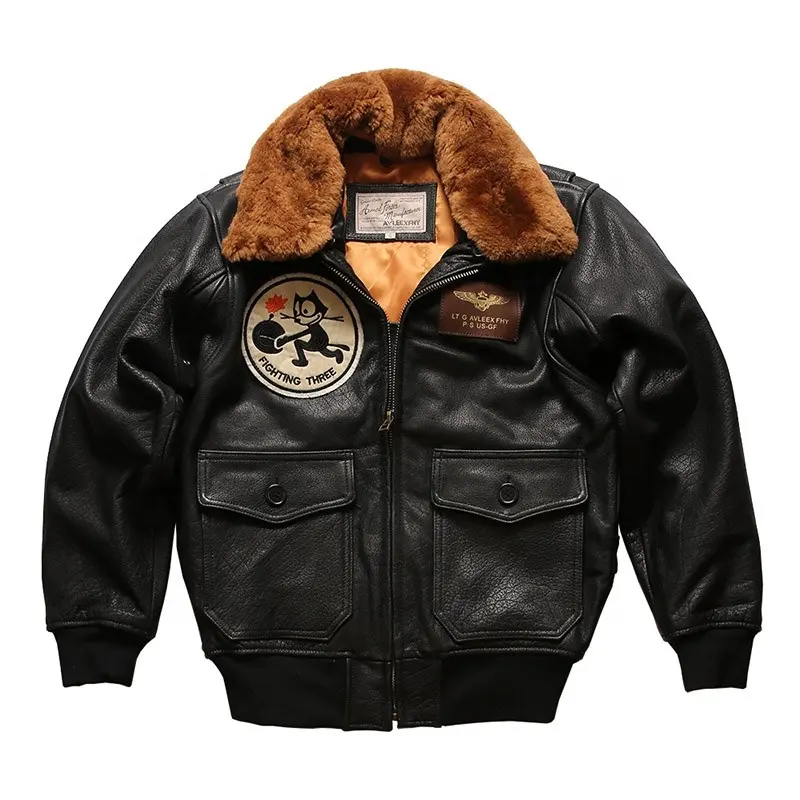 G1 Felix Cat Pattern Bomber cappotti in vera pelle colletto in lana da uomo giacca in pelle di vacchetta vestiti in cotone