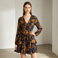 Robe de soirée vintage florale 2026 élégante à manches longues, taille nouée et ourlet à volants, vente en gros OEM