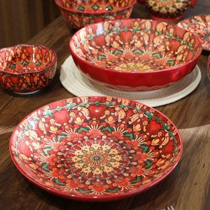 Bohemian Plant Pattern Microwave Safe Round Dinnerware Plates Bowls Set for Wedding Birthday Celebrations-Bohemian Red Design - Product Image 2