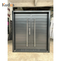 Porte d'entrée double battante en métal noir mat moderne à rainures horizontales, sur mesure, pour extérieur, sécurité renforcée