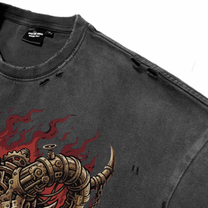Camisetas Extra Grandes de Alta Calidad para Hombre, Lavadas al Ácido, con Efecto Desgastado, Transpirables, 100% Algodón, Personalizadas con Estampado Retro Mecánico de Demonio DTG, Casuales - Product Image 5