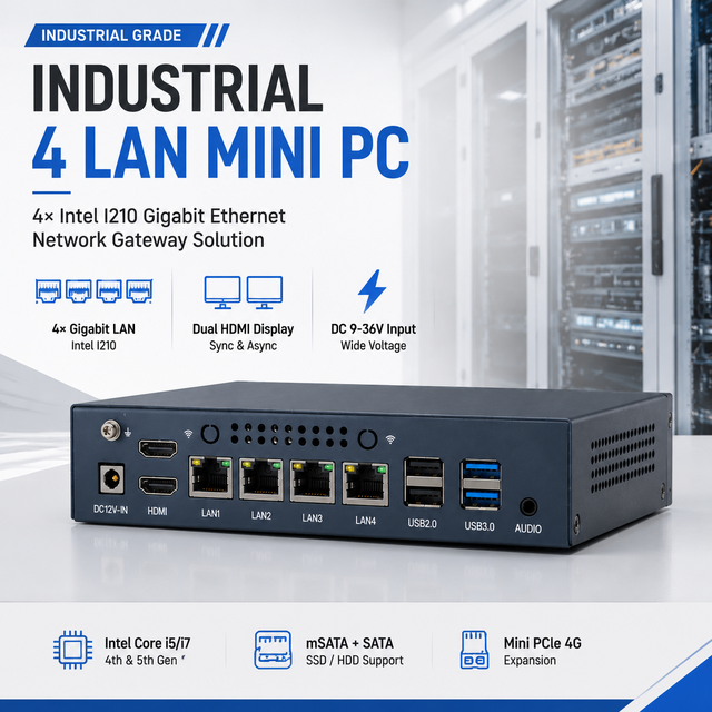 Intel Core I5 I7 Industrial Computer Mini PC 4 LAN RJ45 Ports Dual for Display MSATA Storage Firewall Router with VPN Support