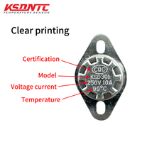 Thermostat de contrôle de température à fermeture normale certifié CQC, bimétallique, pour salle de chaudière, KSD301, 85C, 95C, 120C, 130C, 150C, 10A