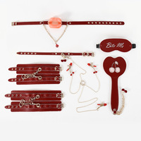 Kit BDSM Thème Cerise Rouge Doux Jouets SM pour Adultes Bouchons buccaux Menottes de cou pour chatouiller Bandes pour les yeux en Cuir PU Jouets Sexuels Couples Femme Homme
