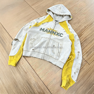 Sudadera con capucha <span class=keywords><strong>de</strong></span> felpa francesa 100% algodón con logo personalizado, efecto desgastado vintage, estilo streetwear, estampado serigrafiado, con cremallera, oversize y corte cropped. - Product Image 3