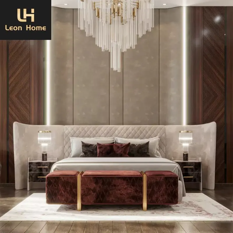 Son tasarım high end villa mobilyaları lüks kadife kumaş büyük başlık yatak takımı süper king-size yatak beyaz yatak odası mobilyası