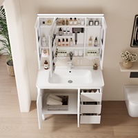 Set Kabinet Kamar Mandi Nordik Aluminium Sarang Lebah Tebal Model Berdiri dengan Wastafel Keramik Terintegrasi Dua Bagian dan Cermin Vanity
