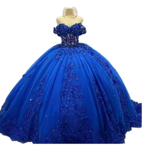 S1023F Vestido de Gala Azul Marino Elegante para Quinceañera, Personalizado, con Hombros Descubiertos, Largo hasta el Suelo, con Detalles Naturales - Product Image 1