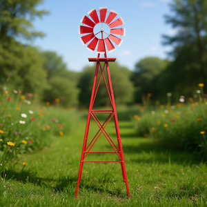 Molinillo de Viento Rojo de Hierro para Jardín, Decoración Vertical de 8 Pies con 4 Patas, Estilo Sencillo para Exteriores - Product Image 2