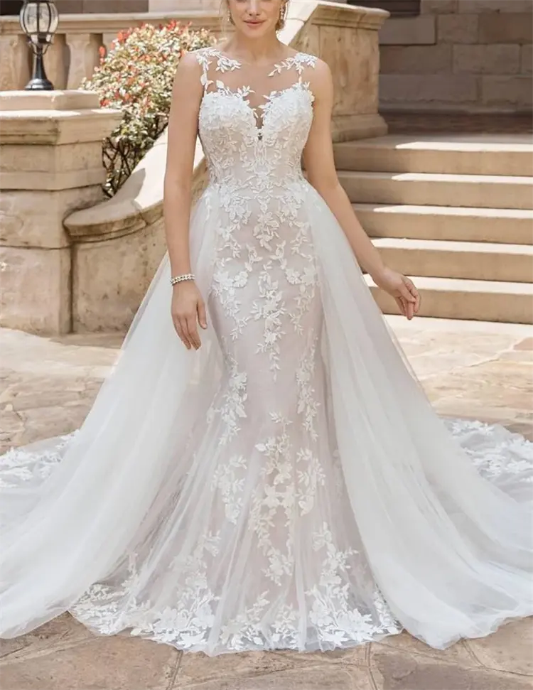 Vestido de boda de lujo ligero y elegante, figura fina, exhibición desmontable, tren de gasa, sin mangas, vestido de novia
