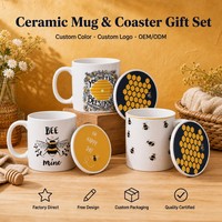 Ensemble de cadeau en céramique Offres Spéciales mignon, tasse d'abeille de miel avec sous-verre avec l'emballage de boîte de PVC présentoir d'emballage, ensemble de tasse de café et de thé