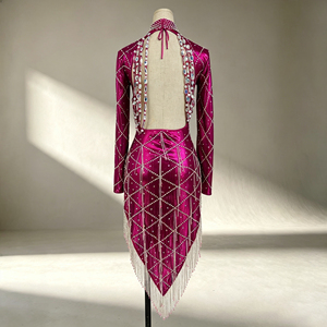 Vestido de Baile Latino Personalizado con Flecos de Pedrería, Manga Larga, Traje de Baile de Salón, Vestido de Fiesta Asimétrico para Mujer - Product Image 2