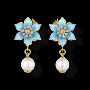 Gold Plated Blue Enamel Charms Jewelry Flower Design Fine Jewelry Earrings