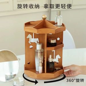 Wooden Carousel <b>Desktop</b> <b>Shelf</b> 3 Tier Rotatable Cosmetic Storage Rack With Drawers For Makeup And Perfume Organizers - Product Image 3