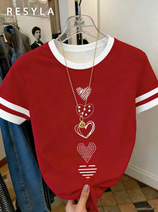 T-shirt girocollo da donna Resyla a maniche corte con stampa a cuore, casual per tutti i giorni, 100% cotone jersey, primavera estate - Product Image 3