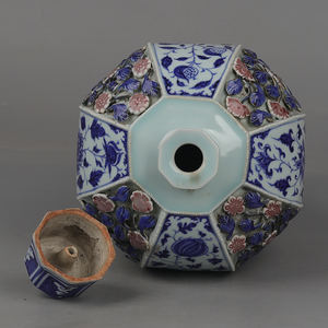 Antiguidade chinês yuan dynasty azul e branco flor octogonal padrão vaso de cerâmica jarra de gengibre - Product Image 6