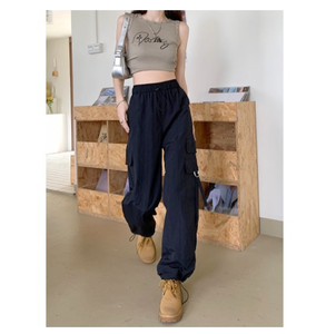 Salopette personalizzate all'ingrosso stile retrò americano a <span class=keywords><strong>vita</strong></span> <span class=keywords><strong>alta</strong></span> Casual da donna estate nuovi <span class=keywords><strong>pantaloni</strong></span> larghi e caldi da ragazza - Product Image 4