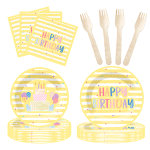 DAMAI Fournitures pour fête d'anniversaire, assiettes jaunes à rayures, serviettes, gobelets, ensemble de couverts pour fête d'anniversaire, pour 8 personnes - Product Image 4