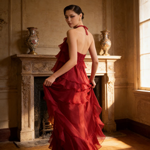 Nouvelle <span class=keywords><strong>Robe</strong></span> Longue Femme en Mousseline de Soie Coupe Trapèze Moderne Printemps 2026 de Haute Qualité avec Motifs Floraux à Volants en Cascade Entiers Séchage Rapide ROUGE - Product Image 5