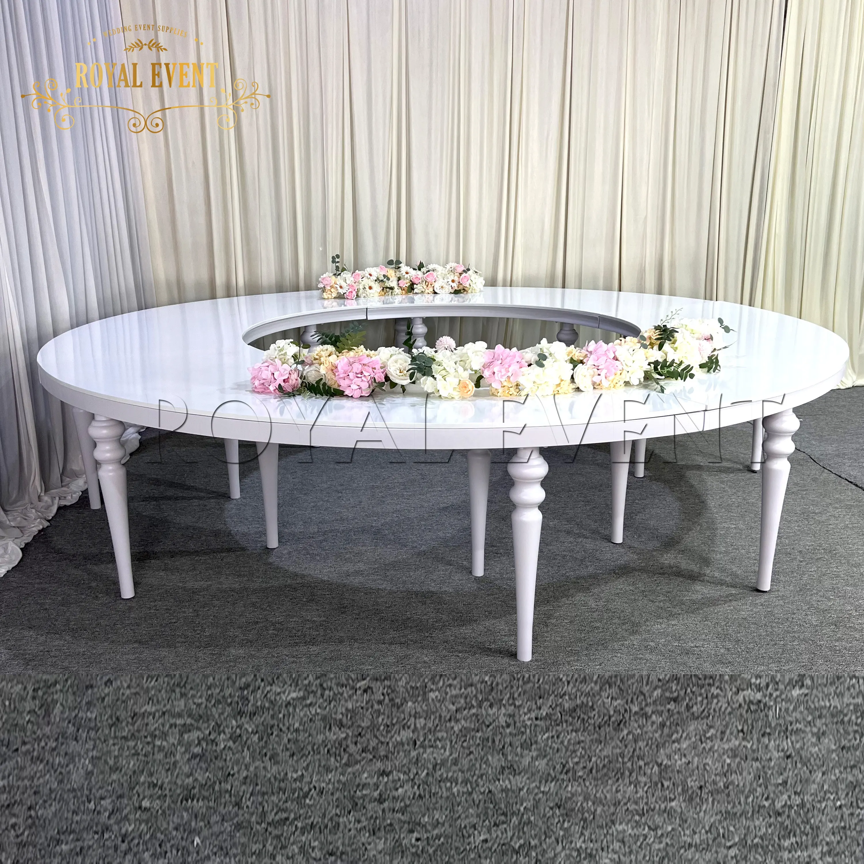 Exquisita mesa de media luna serpentina MDF blanca, mesa de acero inoxidable, mesa de fiesta de boda para eventos