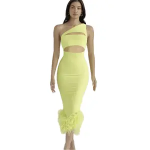 2024 sarı tüy bir omuz bandaj elbise askısız zarif Y2K yıkanabilir ince elastik kokteyl kulübü elbise tarihi