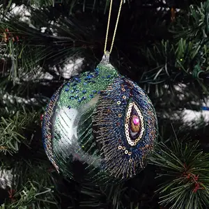 Wholesale Hand Blown Painting Peacock Jeweled Eye Glass Ball Hanging Christmas Tree Ornament Eco-friendly