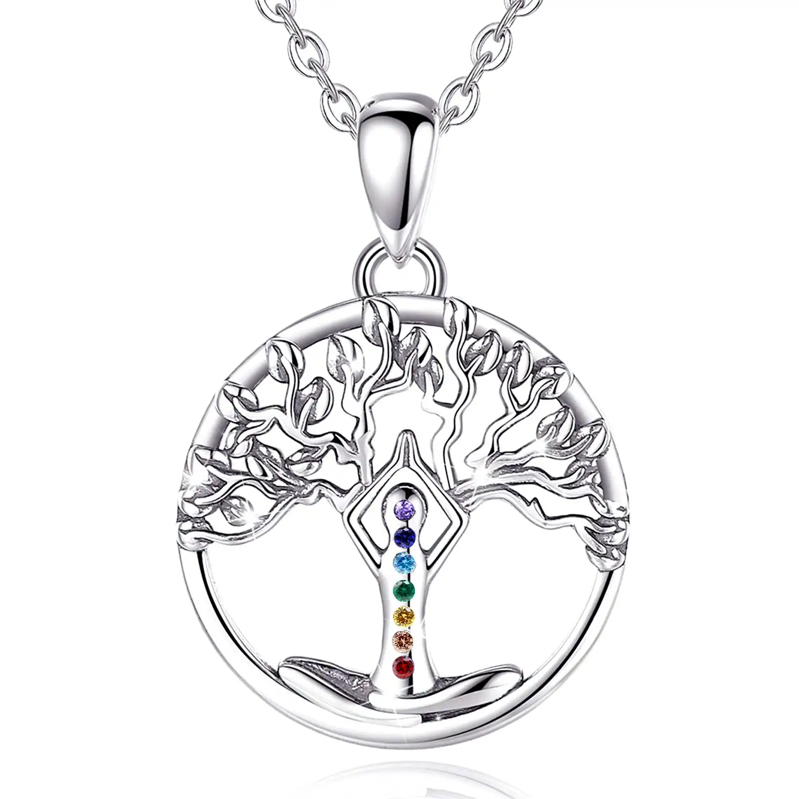 Merryshine 925 sterling silver family tree of life yoga chakra pendant necklace