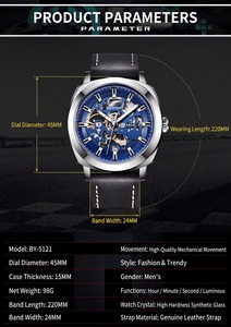 Montres mécaniques automatiques pour hommes, nouvelle mode, en cuir véritable, ajourées, étanches, pour le sport, vente en gros - Product Image 2