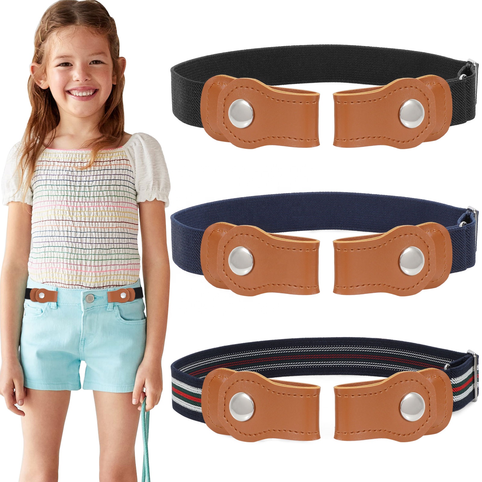 PU leather metal snap closure elastic belt girls boys stretch school kids breathable jeans pants toddler canvas fabric belt