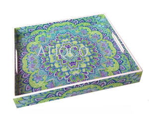 Nouveau plateau de fête rond imprimé multicolore dernier et moderne plateau de service élégant attrayant meilleure vente plateau en bois laqué - Product Image 3