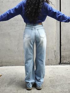 Pantaloni in Denim a vita alta blu pantaloni larghi Casual da donna Jeans dritti eleganti di alta qualità per la moda della ragazza - Product Image 3