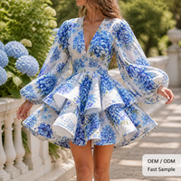 Robe Mini Femme Bleue Hortensia Fleurie Col V Profond Manches Ballon Volants Fit Flare Soirée OEM ODM Grossiste Fournisseur B2B