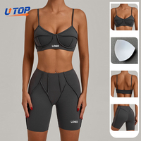 Set Olahraga Yoga & Lari Wanita Elastis Tinggi Logo Kustom Cepat Kering Setelan Fitness Bernapas Bra Olahraga Celana Pendek Pinggang Tinggi